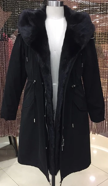 Женская зимняя парка, пальто, куртка, воротник из норки, съемная подкладка из меха кролика, длина 104 см, качественная ткань 82091 - Color: 0101JB D01