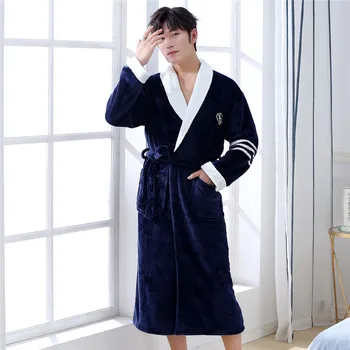 

Elegant Navy Blue White Collar Men Flannel Kimono Robe Gown Casual Soft Full Sleepwear Nightgown Keep Warm Homewear Bath Gown