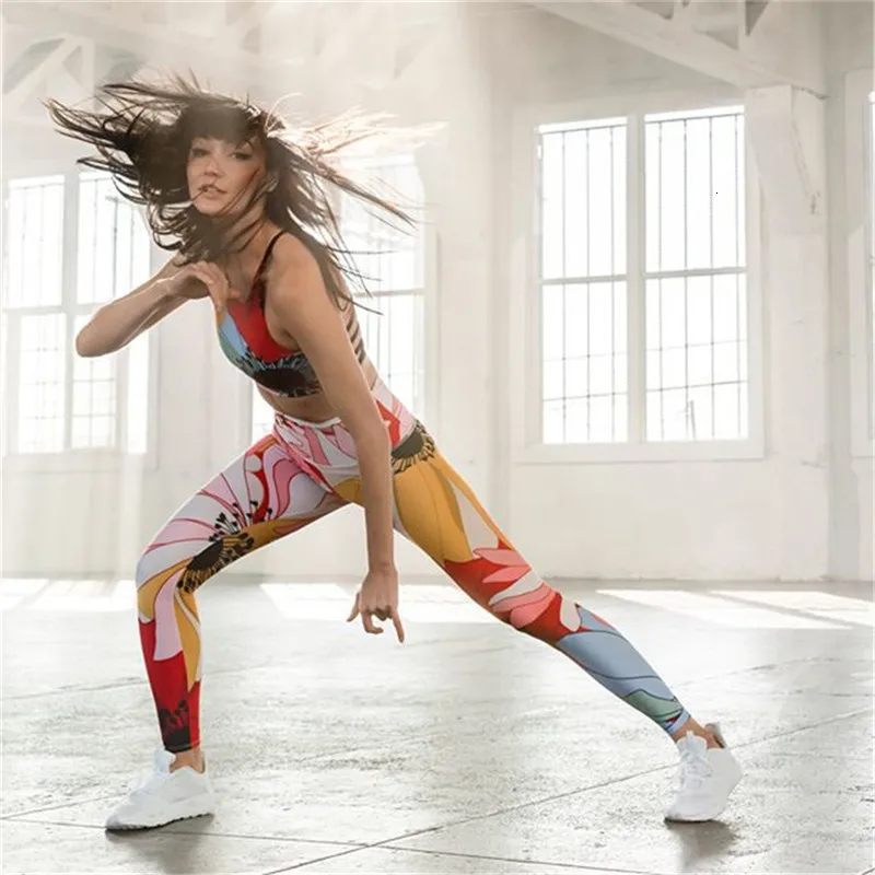 BOUSSAC Yoga Sets Woman Sportswear Fitness Suit Sport Clothing Women Print Gym Wear Running Clothes Workout Tank Top Leggings