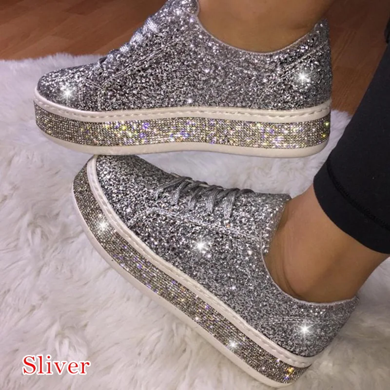 HEFLASHOR Women Crystal Flat Shoes 2020 Autumn Fashion Lace-Up Ladies Casual soft Round Toe Platform Sneakers women | Обувь