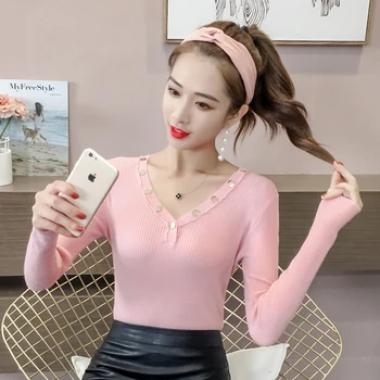 

1655 # V Neck Sweater Women's 2018 Korean-style Slim Fit Sweater Hoodie with Sleeves Long Sleeve Base Shirt