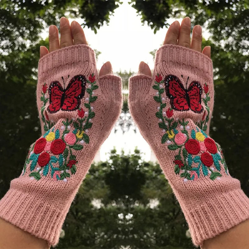 

New High Quality Mittens Handmade Women's Autumn Butterfly Flower Warm Woolen Knitted Winter Gloves Half Finger Embroidery Glove