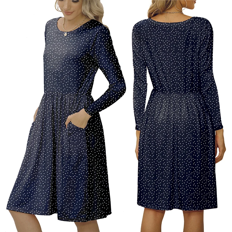 

Autumn Nightdress Women Wave Point Print Sexy Sleepwear Long Sleeve O-Neck Lingerie Female Underwear Nighty Home Wear Midi Skirt