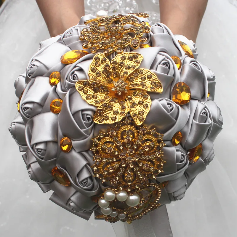 Роскошный атласный букет роз, темно-синий букет невесты с золотым кристаллом, искусственный букет невесты