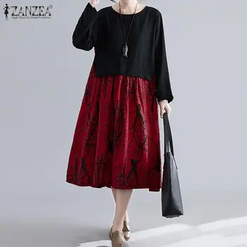 

Women Patchwork Floral Print Dress 2020 ZANZEA Vintage Long Sleeve Casual Vestidos Sundress Cotton Pockets Robe Femme Plus Size