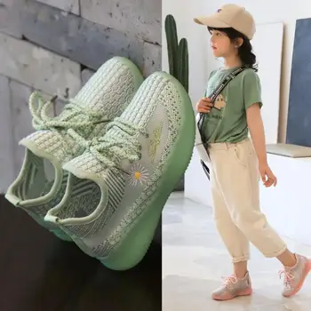 

spring new boys running shoes girls casual breathable flying woven coconut white small flowers shoe net children sneaker