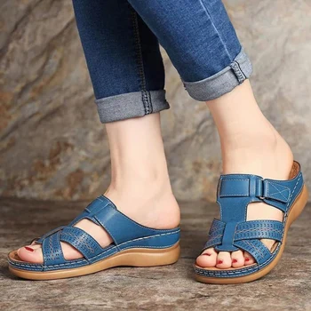 

Women Summer Flat Platform Open Toes Hook Loop Slipper Woman Pu Cross Casual Shoes Female Sewing Hollow Out Sandals Shoes