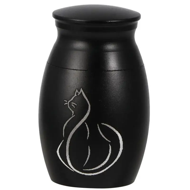 Tarro de urna funeraria de acero inoxidable para mascotas, recipiente de urna impreso de gatito bonito con tapas de tornillo de apertura (negro)