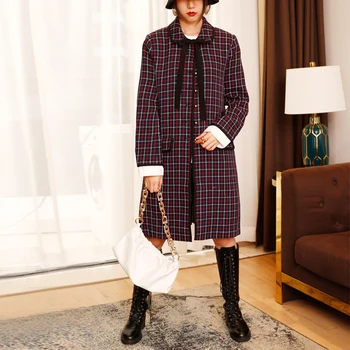 

Brand Designer Plaid Woolen Coat For WOmen 2020 Runway Fashion Turn Donw Collar Bows Single Breasted Loose Long Coat