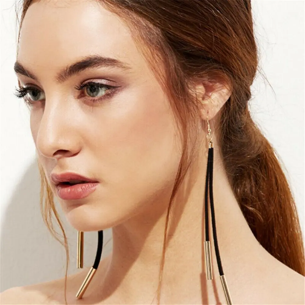 

Long Tassel Drop Earrings for Women Vintage Korean Boho Geometric Statement Dangle Triangle Star Earrings Black Gold Silver