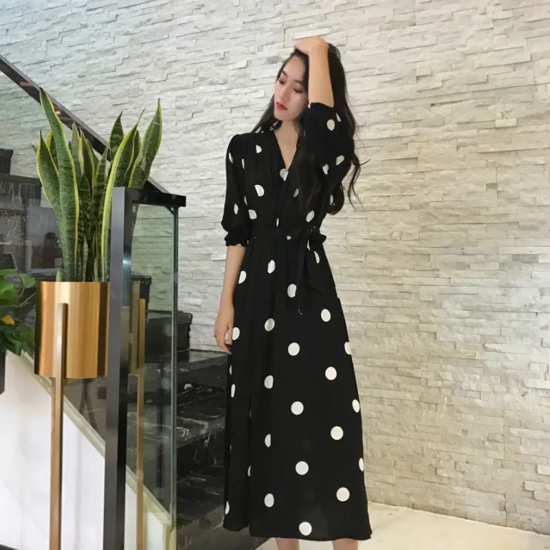 Very Cheap mxyZq NEW Korean Vintage Summer Dress Women Polka Dot V Neck Bandage Office Party Dresses Casual Sexy Black Beach Sundress Vestidos