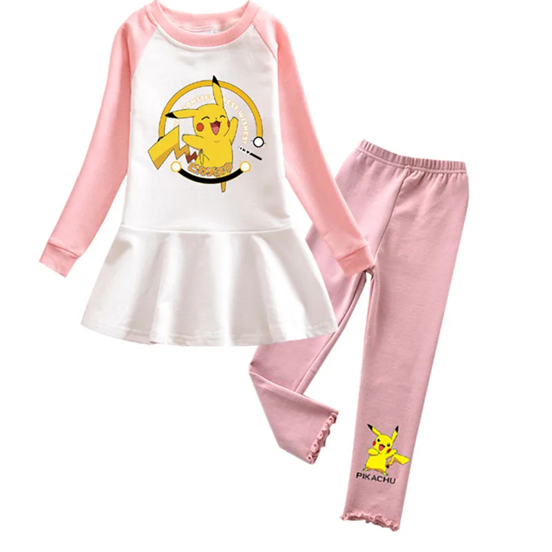 Весенне-осенний костюм с покемонами для маленьких девочек, комплект одежды для девочек, детские платья с длинными рукавами, брючный костюм, одежда Пикачу, элегантное платье - Цвет: 6021pinkset