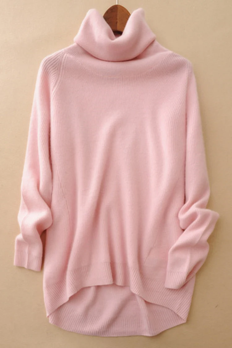Кашемировый вязаный женский Повседневный пуловер, свитер, ассиметричные длинные сваи, высокий воротник, сплошной цвет, один и более размер