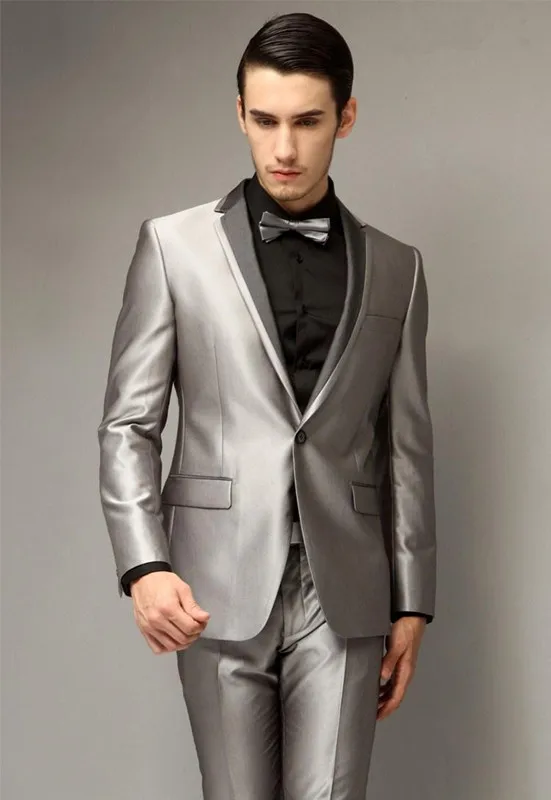 Grey Peak Lapel Groomsman Best Man Tuxedos for Wedding Slim Fit Prom Party Suit 