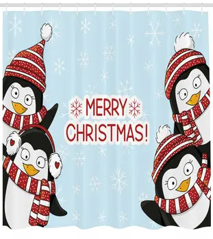 

Christmas Shower Curtain Cute Penguins Kids Print for Bathroom