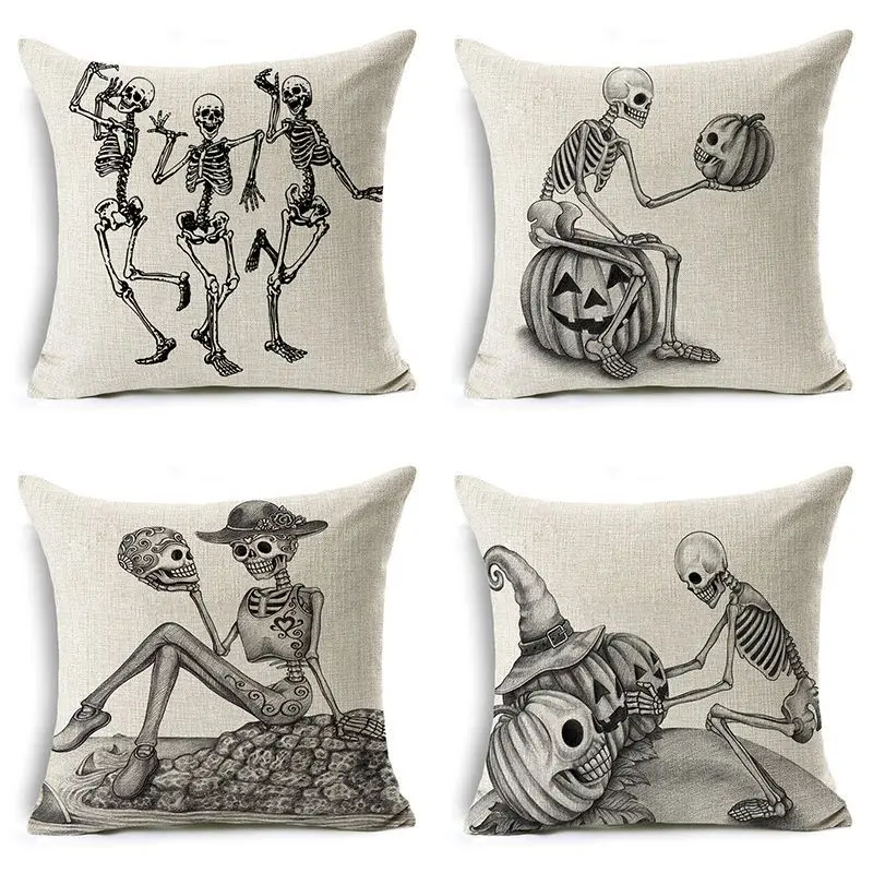 

45*45cm Halloween Skeleton Decorative Pillows Linen Pillowcase Home Decor Pillow Cojines Decorativos Para Sofa Cushion Cover
