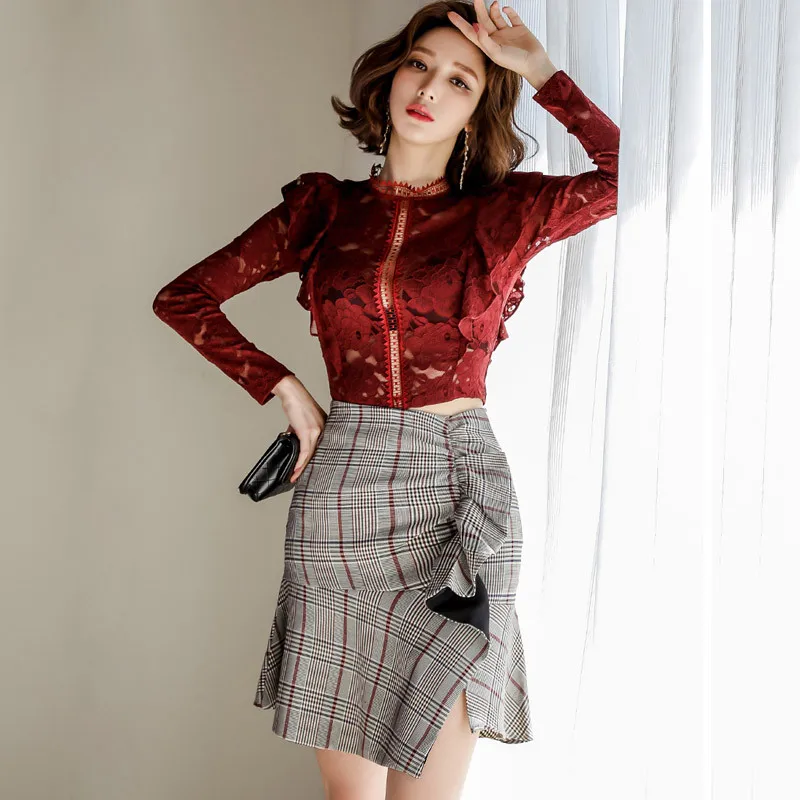 

2020 Winter New Style Korean-style Elegant Two-Piece Set Slim Fit Lace Upper Garment Sheath Flounced Skirt Set
