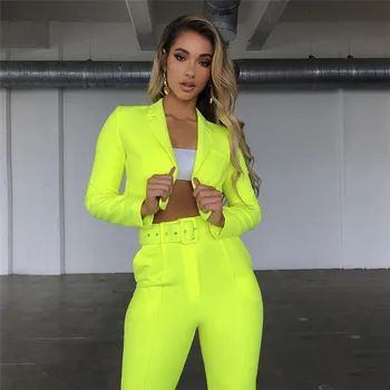 

Neon Fashion Women's Suit Slim Sashes Cropped Blazer And Pants Outfits Pants Outfits Casual Autumn High Waist Clubwear 2 Pieces
