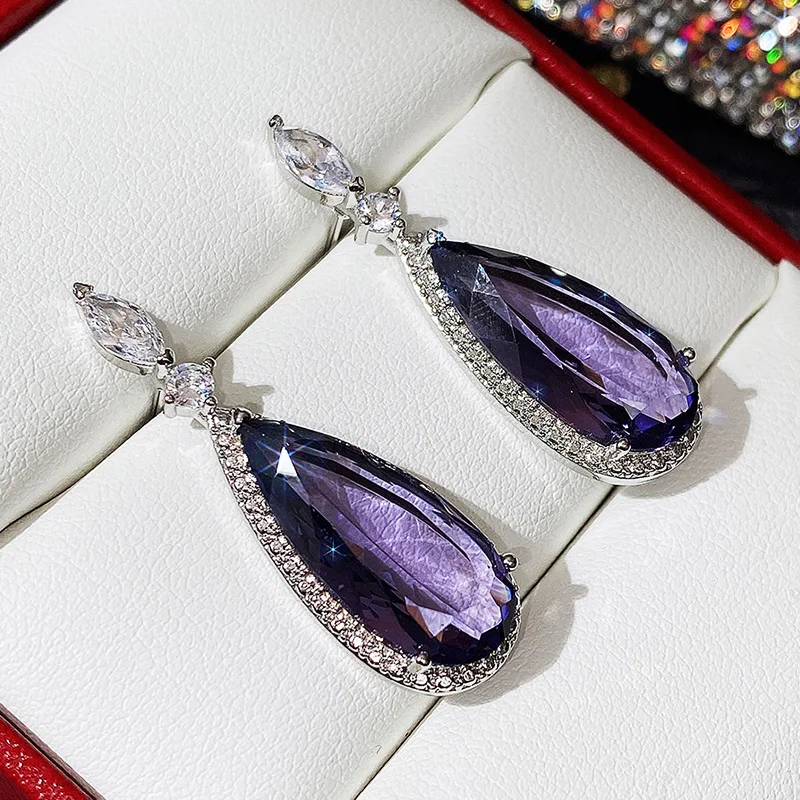 Huitan Big Teardrop Purple CZ Stone Drop Earrings High