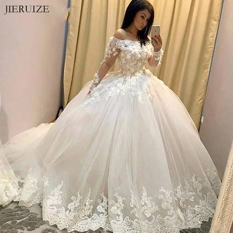 JIERUIZE Witte Bloem Kant Applicaties Luxe Trouwjurken Lange Mouwen Baljurk Bruid Jurken Bruidsjurken JIERUIZE Witte Bloem Kant Applicaties Luxe Trouwjurken Lange Mouwen Baljurk Bruid Jurken Bruidsjurken