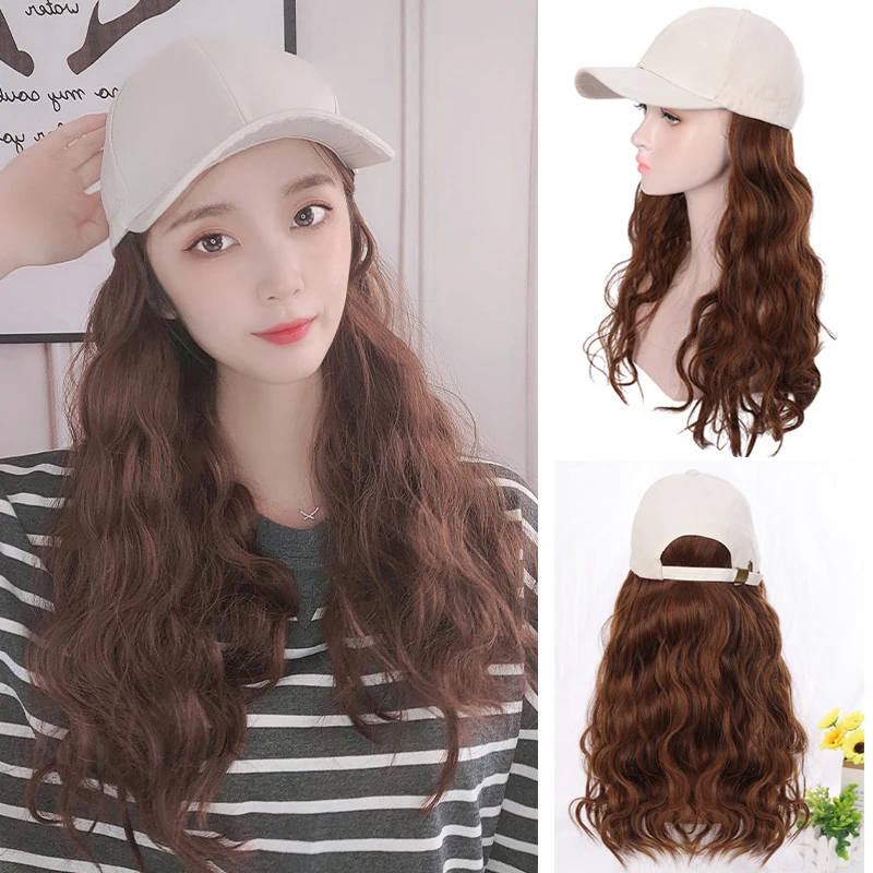 

DIANQI 22 inch Synthetic Hair Adjustable Size Baseball Hat Wig Brown Color Long Water Wave Hair Extension With White Hat