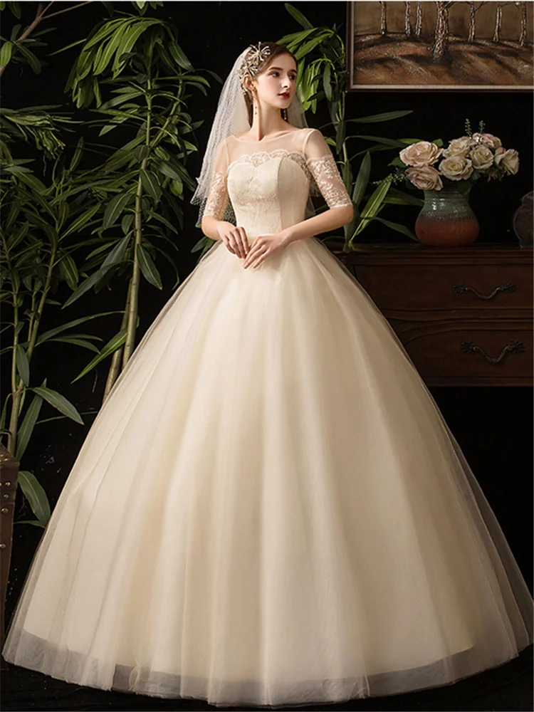 Это свадебное платье YiiYa, Элегантное свадебное платье с О-образным вырезом и коротким рукавом, длинное белое кружевное платье цвета шампанского размера плюс, Vestido De Novia H18