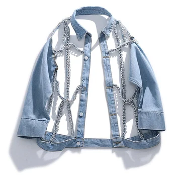 

Punk Rock Spring Women Chic Chain Spliced Hollow out Denim jacket Loose Casual Woman's Bomber jacket Chaqueta mujer Streetwear