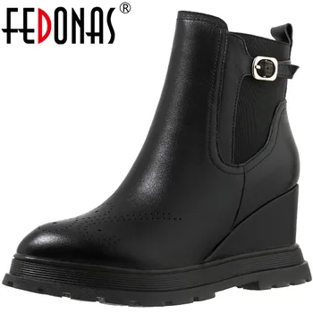 

FEDONAS Top Quality Metal Buckle Women Ankle Boots Genuine Leather Wedged High Heels Pumps Winter Working Office Shoes Woman