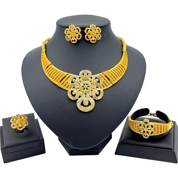 

Dubai Gold Jewelry Sets Charm Women Gold Necklace Flower Bracelet Earrings Ring Jewelry Party Fashion Jewelry Set