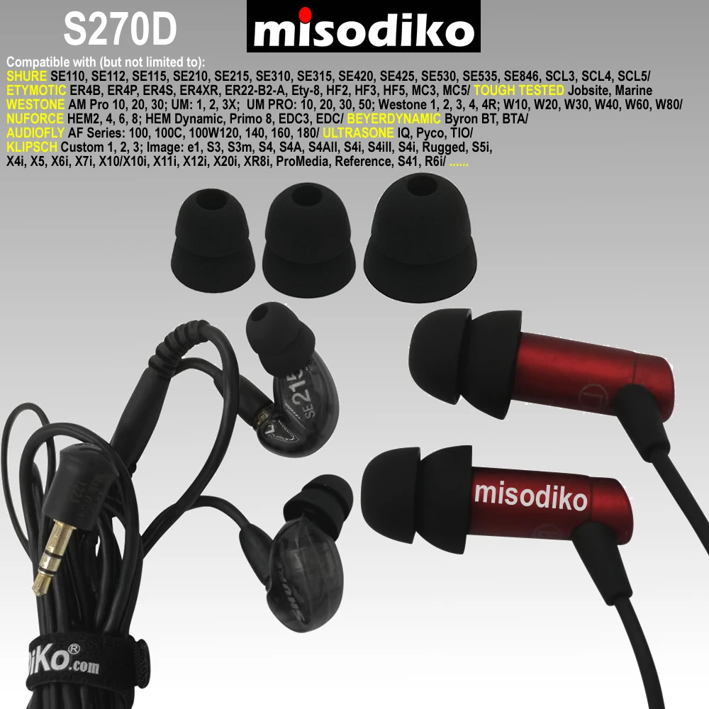 Misodiko S270D силиконовые наконечники для наушников, ушные Типсы для Shure SE215 SE315 SE535 SE425 SE846/Etymotic ER4 HF5/Klipsch R6i R6m S4i X6i