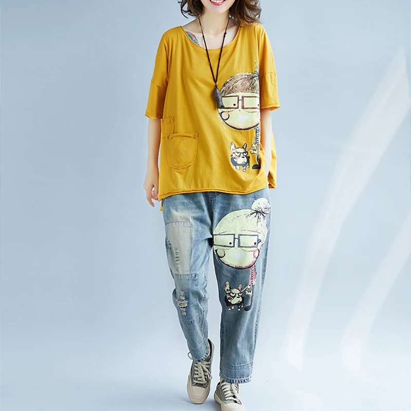 Funny Cartoon Print Jeans Woman Elastic Waist Jeans Boyfriend Trouser Harem Jeans Denim Korean Pant Push Up Vintage Plus Size