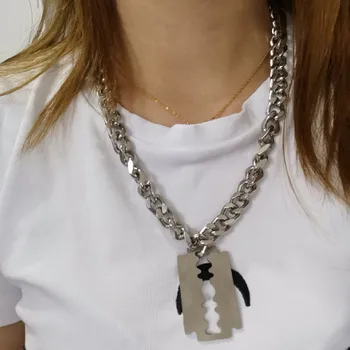 

2020 Gothic High Quality Gothic Silver Color Chunky Metal Chain Necklace Big Stainless Steel Blade Pendant Statement Necklace