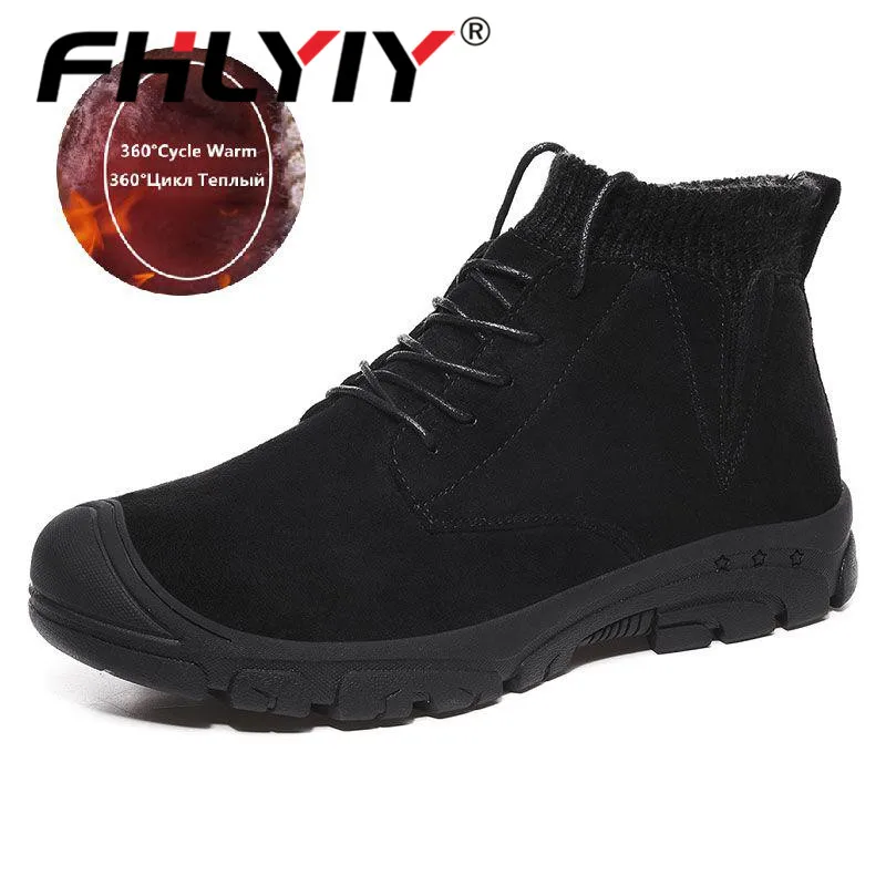Fur black Fhlyiy/Новинка; сезон осень-зима; теплые плюшевые мужские ботинки; замшевые кожаные зимние ботинки; нескользящие прогулочные ботинки; уличные ботильоны; размер 48 - Цвет: Fur black