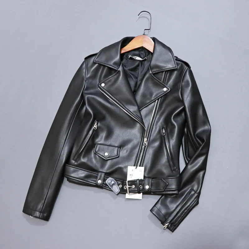 

Nh104 2019 Spring New Style WOMEN'S Dress Locomotive Leather Coat Slim Fit Belt Pamphlets Handsome Leather Jacket