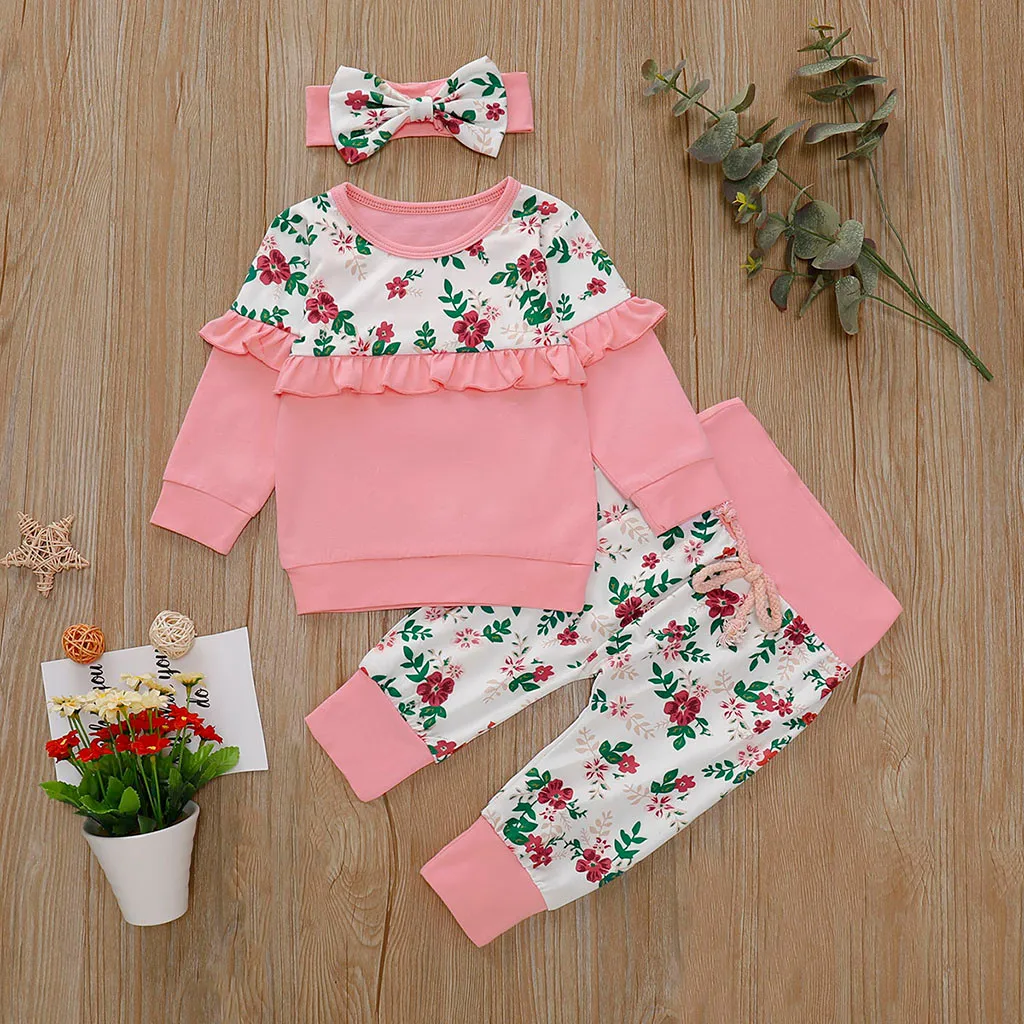 

Toddler Girl Winter Clothes Cotton Long Sleeve Floral Print Ruffles T-shirt Tops Pants Kids Clothing Full Fashion Sleeve 3-18M