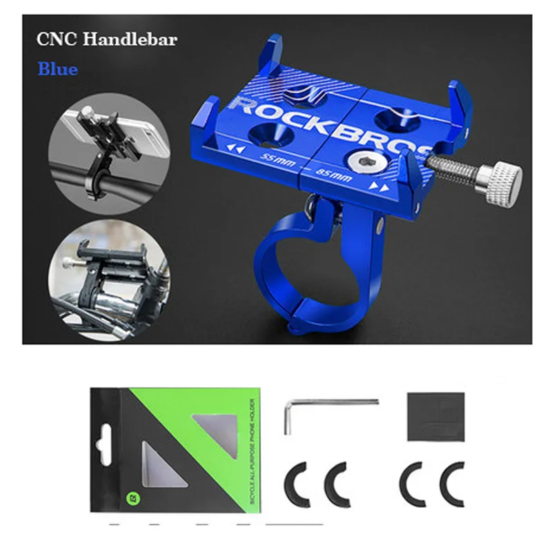 Blue Phone Holder ROCKBROS Универсальный алюминиевый держатель для телефона на велосипед, регулируемый кронштейн, крепление на руль велосипеда для 3,5-6,2 дюймового смартфона - Цвет: Blue Phone Holder