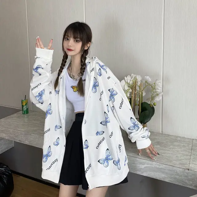 Summer Harajuku Butterfly Hoodie With Zipper Women Sweatshirt 2021 Spring Oversized Hoodies Outerwear Plus Size