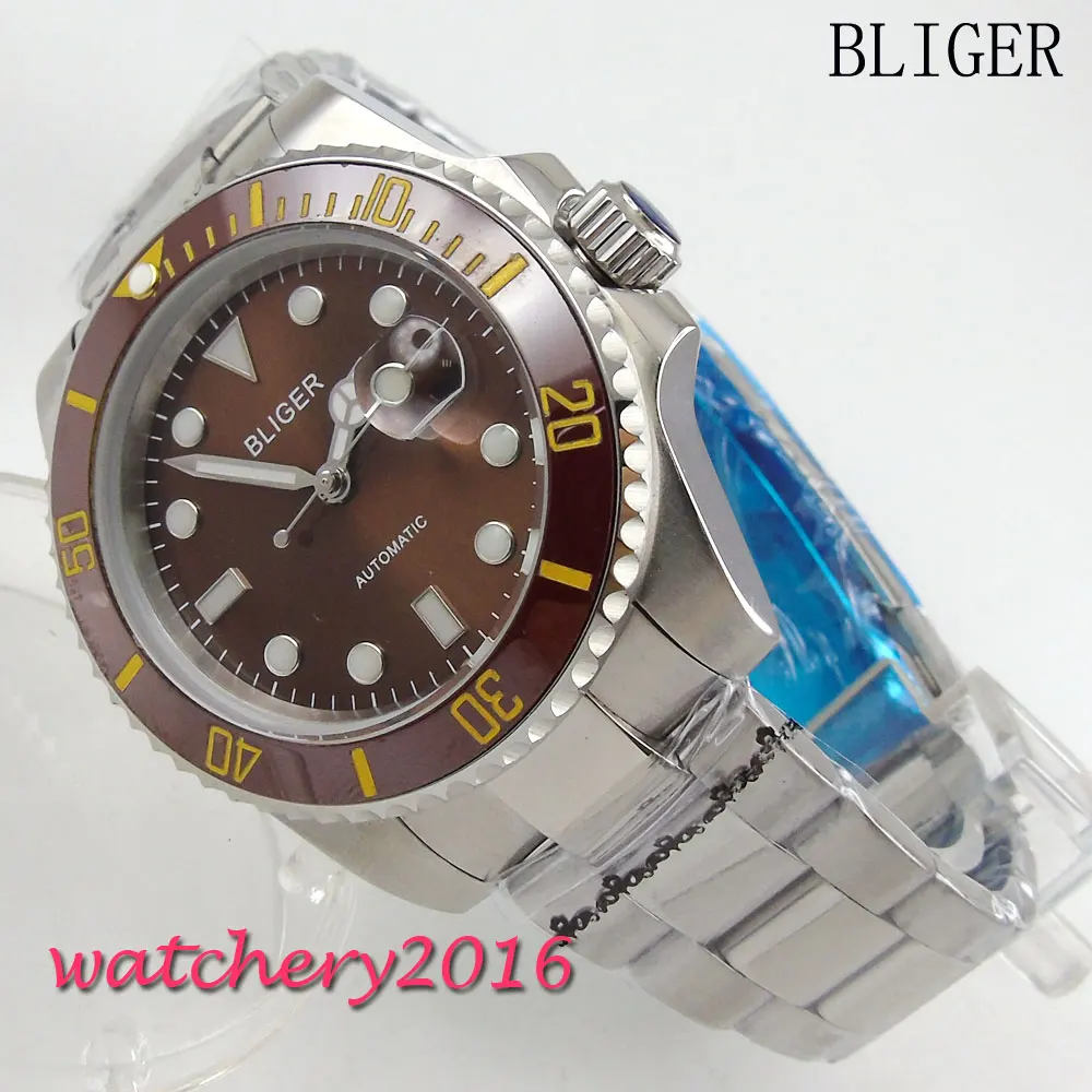 

40mm BLIGER Brown Color dial Luminous sapphire crystal date automatic mens watch