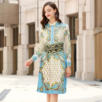 

VERDEJULIAY Vintage Autumn Dress Women 2020 Fashion New Long Sleeve Runway Dress Belt Palace Print Knee Length Pleated Dress