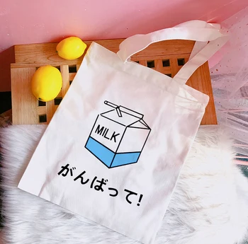 

Kawaii Ulzzang Harajuku Aesthetic Canvas Shoulder Tote Bag Women Handbags Milk Cartoon Print Korean Fashion Shopping Bag