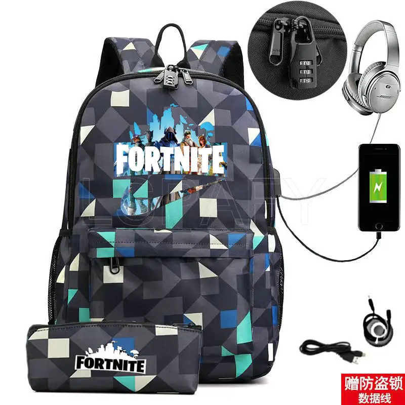 USB 충전 캔버스 배낭, Mochila Escolar FORTNITE 게임 애니메이션 소녀 소년 학교 배낭 가방 여행 배낭 