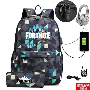 USB 충전 캔버스 배낭, Mochila Escolar FORTNITE 게임 애니메이션 소녀 소년 학교 배낭 가방 여행 배낭