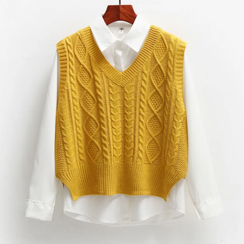 

Lingwave Vest Women Solid Short Loose Trendy Korean Style Sleeveless Knitted V-Neck All-Match Female Simple Leisure Outwear