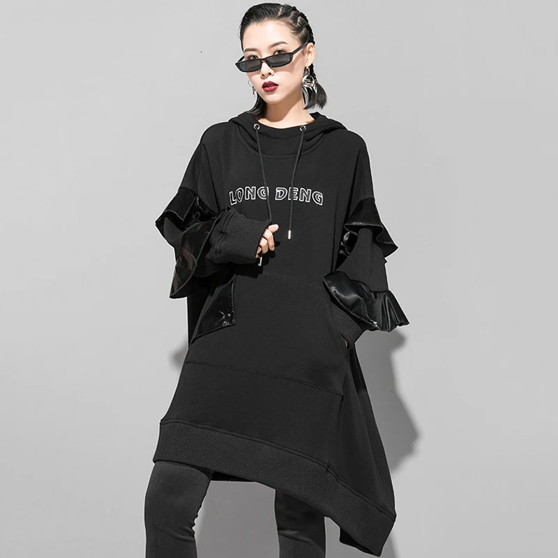 [EAM] Loose Fit Asymmetrical Ruffles Oversized Sweatshirt New Hooded Long Sleeve Women Big Size Fashion Autumn Winter 1K444