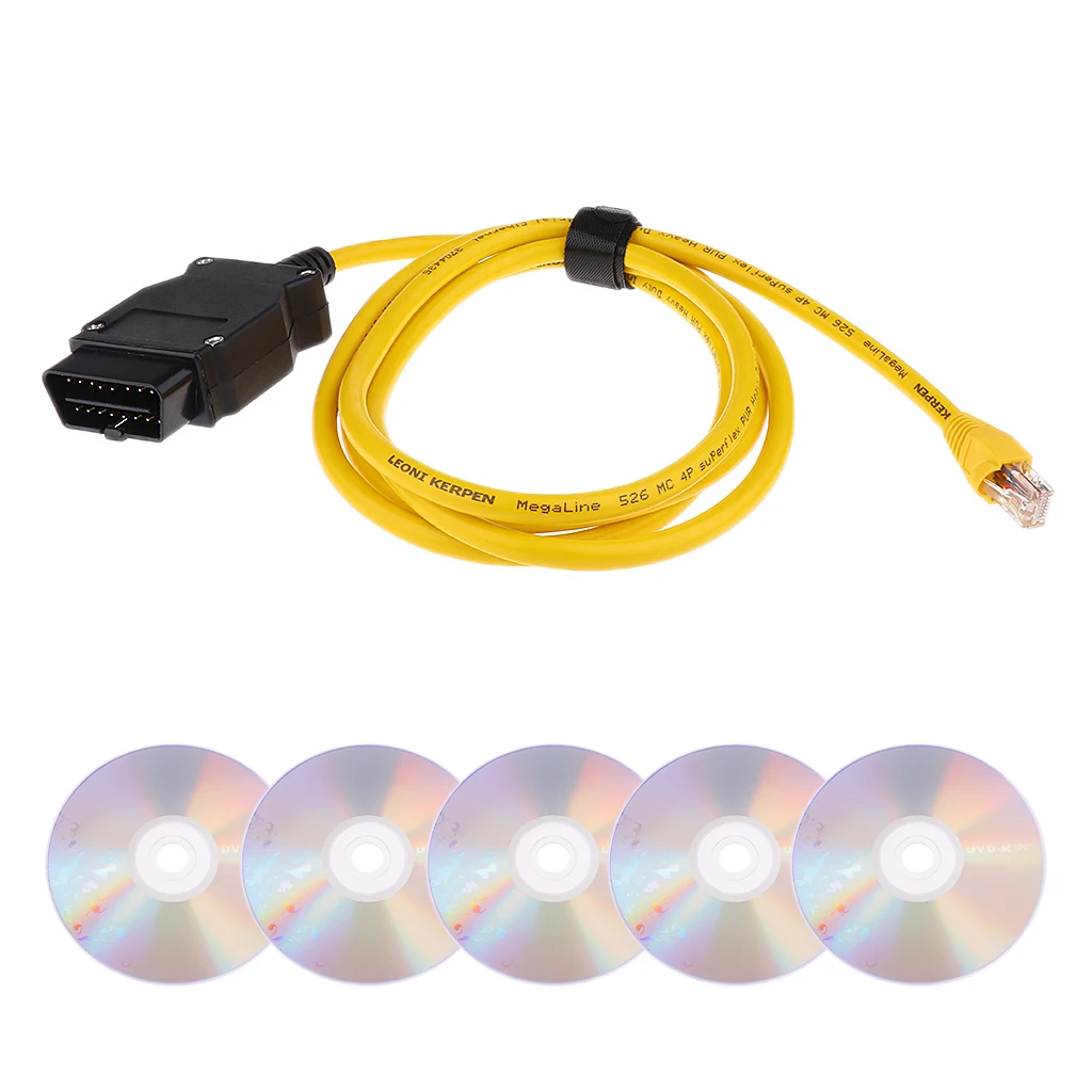 OBD-II 16pin Plug Adapter With Extension Cable + 5 Pieces CD, Ethernet To OBD For BMW