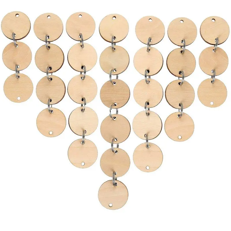 100 Pieces Round Wooden Discs with Holes Birthday Board Tags and 100 Pieces 15 mm Rings for Arts and Crafts(3CM