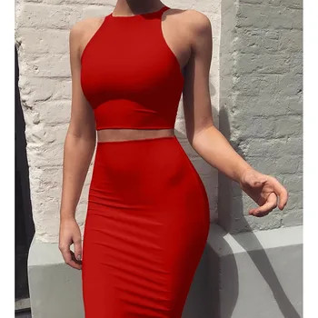 

Fashionable Women's Suit Solid Color Sleeveless Short Round Neck Turtleneck Slim Slim Thin Plastic Midskirt Two-piece Vest Dress