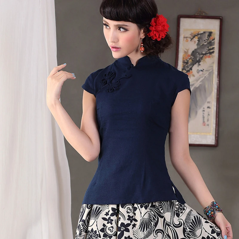Элегантная конопляная хлопковая рубашка cheongsam, топы, китайская одежда, повседневная женская китайская льняная рубашка с короткими рукавами