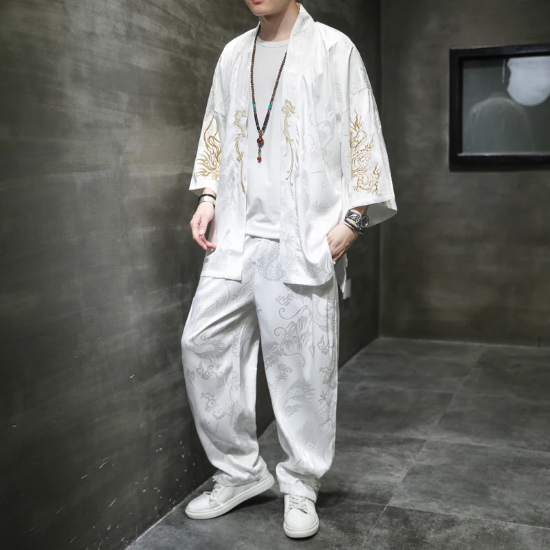 Chinese Traditional Costume Chinese Men Hanfu Top Embroidery Kimono Daopao Robe Suit Plus Size M-4XL 5XL Summer Traditional Chinese Clothing Style Orient Tang Hanfu for Men Sets