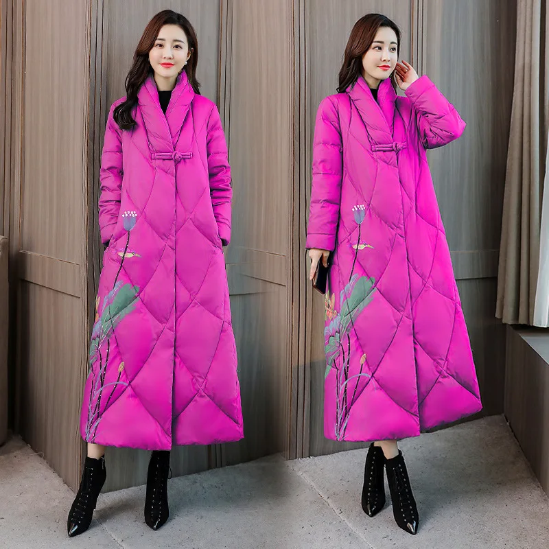 Winter Hidden Button Hooded Solid Color Casual Long Sleeve Mid-length Cotton Coat